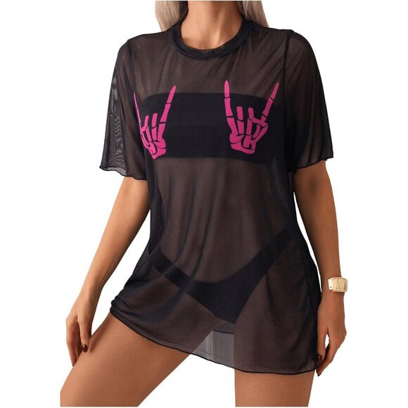Other - Women's Mesh Cover Up Swimsuit Top Sheer Skull Print Short Sleeve Beach Wear